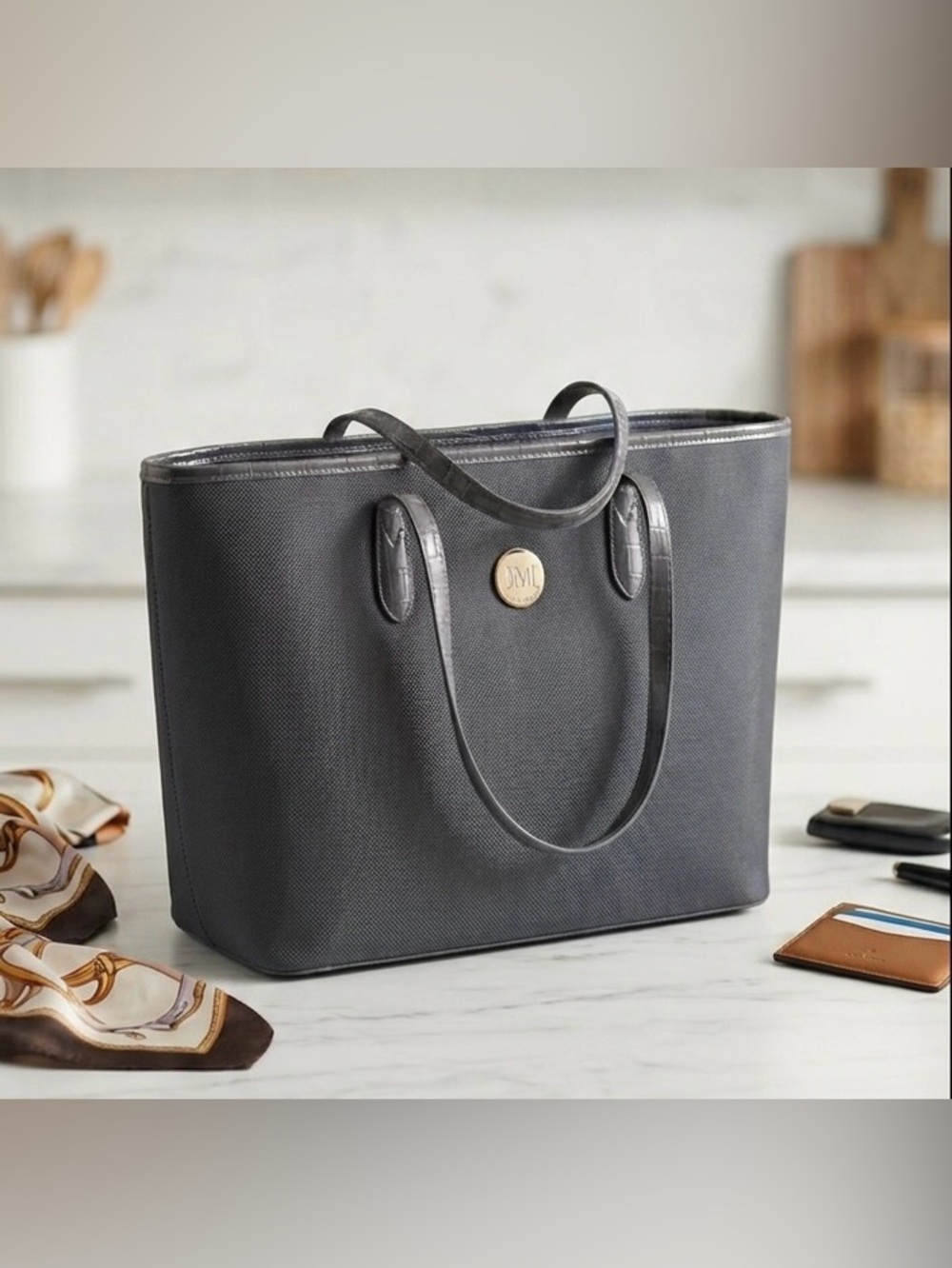 Joy Mangano Charcoal Gray Tote Bag Croc Trim TuffTech Travel Luggage Carry On